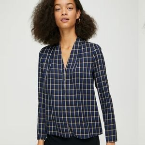 Like New Aritzia Babaton Power Blouse In Navy Base Check